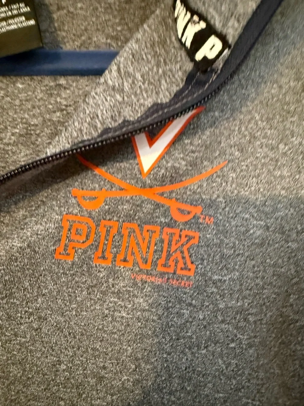 PINK Victoria's Secret Gray Half-Zip Pullover with Orange Logo - Picture 3 of 7